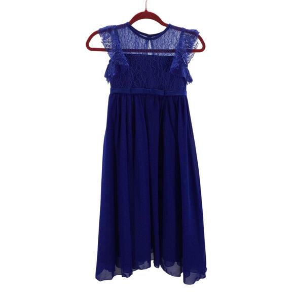 GIRL'S PARTY DRESS SZ 6-7Y royal blue lace chiffon ruffle sleeve maxi NEW B74 - Picture 1 of 7